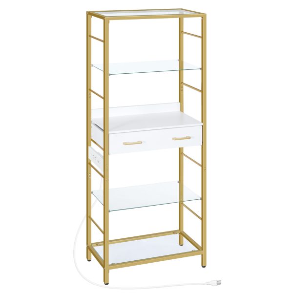 5-Tier Tempered Glass Bookcase with Drawer and Charging Station, Metal Frame Storage Shelves, Open Display Shelves for Living Room, White & Gold