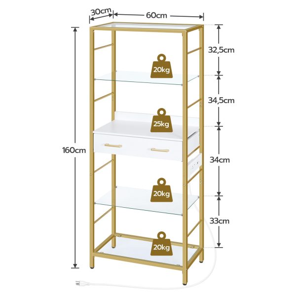 5-Tier Tempered Glass Bookcase with Drawer and Charging Station, Metal Frame Storage Shelves, Open Display Shelves for Living Room, White & Gold