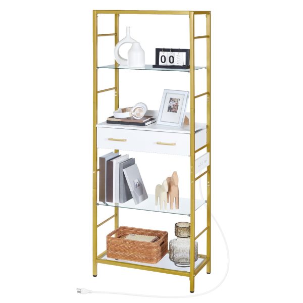 5-Tier Tempered Glass Bookcase with Drawer and Charging Station, Metal Frame Storage Shelves, Open Display Shelves for Living Room, White & Gold