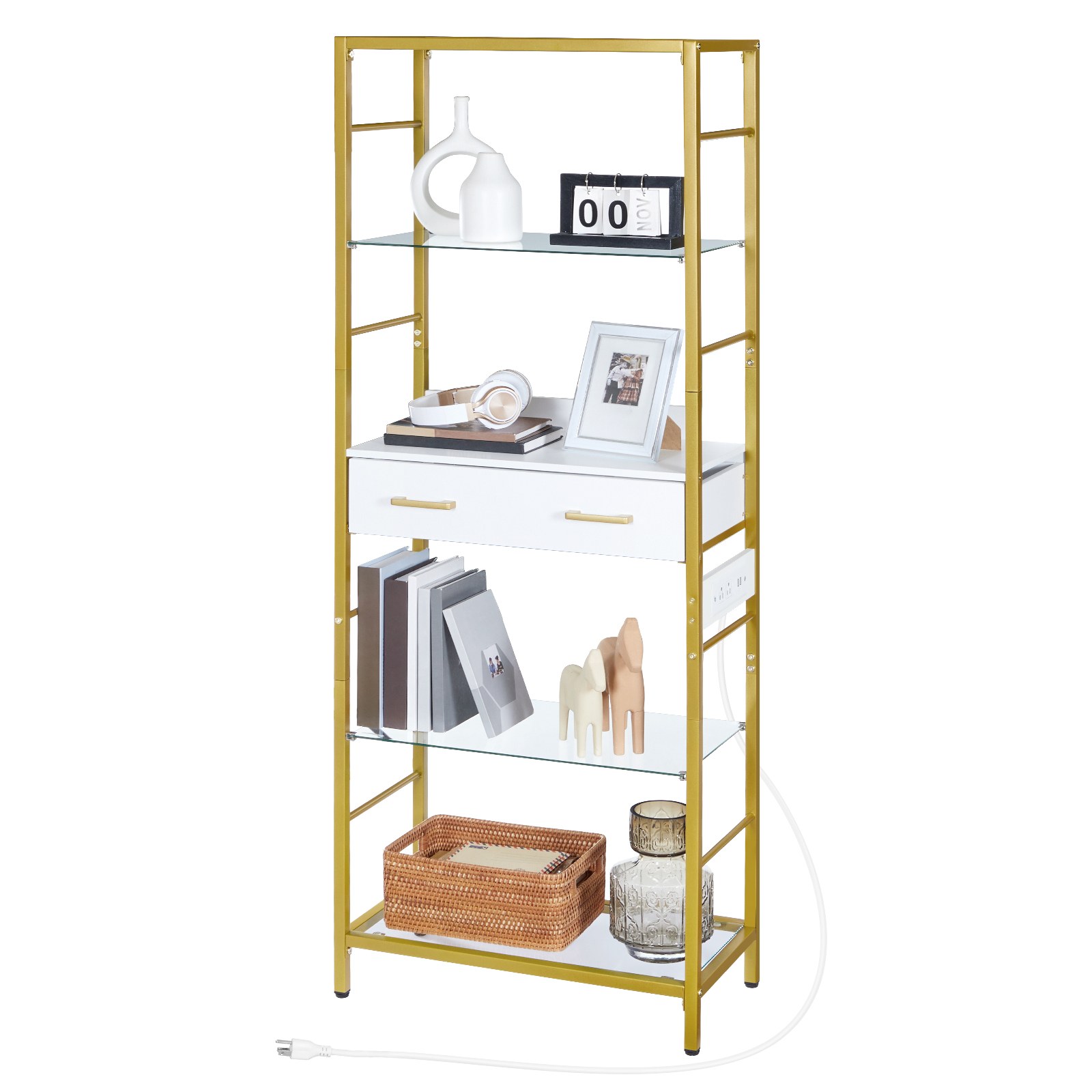 5-Tier Temperéiert Glas Bicherkëscht mat Tirang an Opluedstatioun, Metal Frame Stockage Regaler, Open Display Regaler fir Wunnzëmmer, Wäiss & Gold