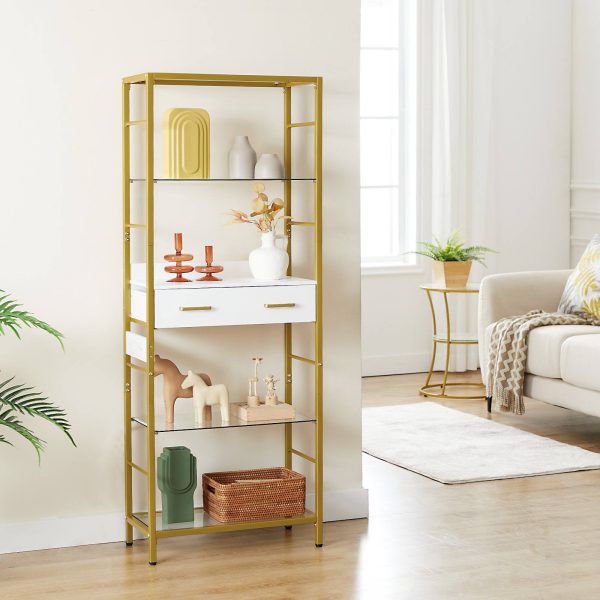 5-Tier Tempered Glass Bookcase with Drawer and Charging Station, Metal Frame Storage Shelves, Open Display Shelves for Living Room, White & Gold