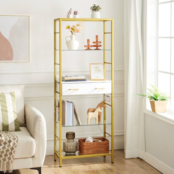5-Tier Tempered Glass Bookcase with Drawer and Charging Station, Metal Frame Storage Shelves, Open Display Shelves for Living Room, White & Gold