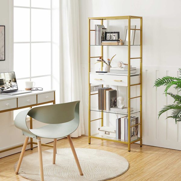 5-Tier Tempered Glass Bookcase with Drawer and Charging Station, Metal Frame Storage Shelves, Open Display Shelves for Living Room, White & Gold