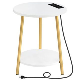 Beistelltisch mit Ladestation, 2-Runde, seitliche Holzregale mit Etagen, Moderner kleiner Goldakzent für Wohnzimmer und Schlafzimmer, Räume, Weiß und