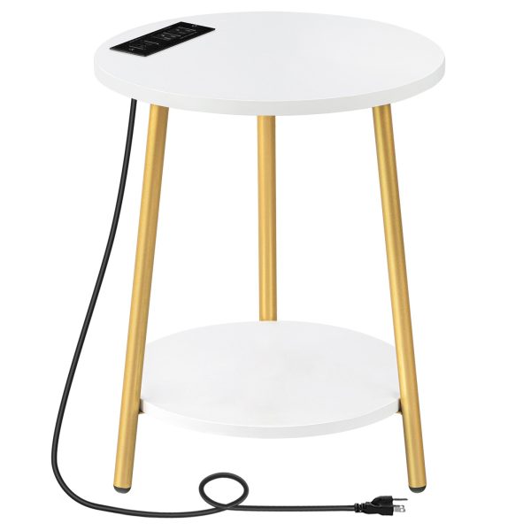 White and Gold End Table with Charging Station, 2-Tier Round Wooden Side Shelves, Modern Gold Accent Table, Convient pour le salon et la chambre