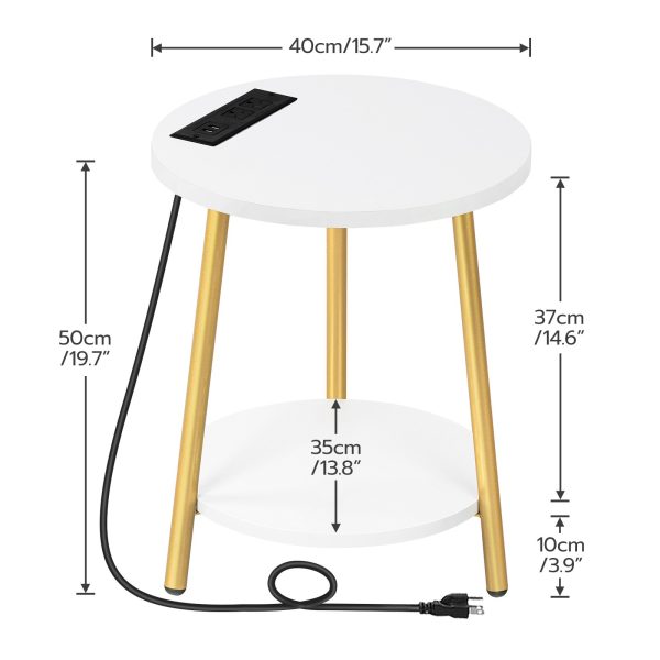 White and Gold End Table with Charging Station, 2-Tier Round Wooden Side Shelves, Modern Gold Accent Table, Convient pour le salon et la chambre