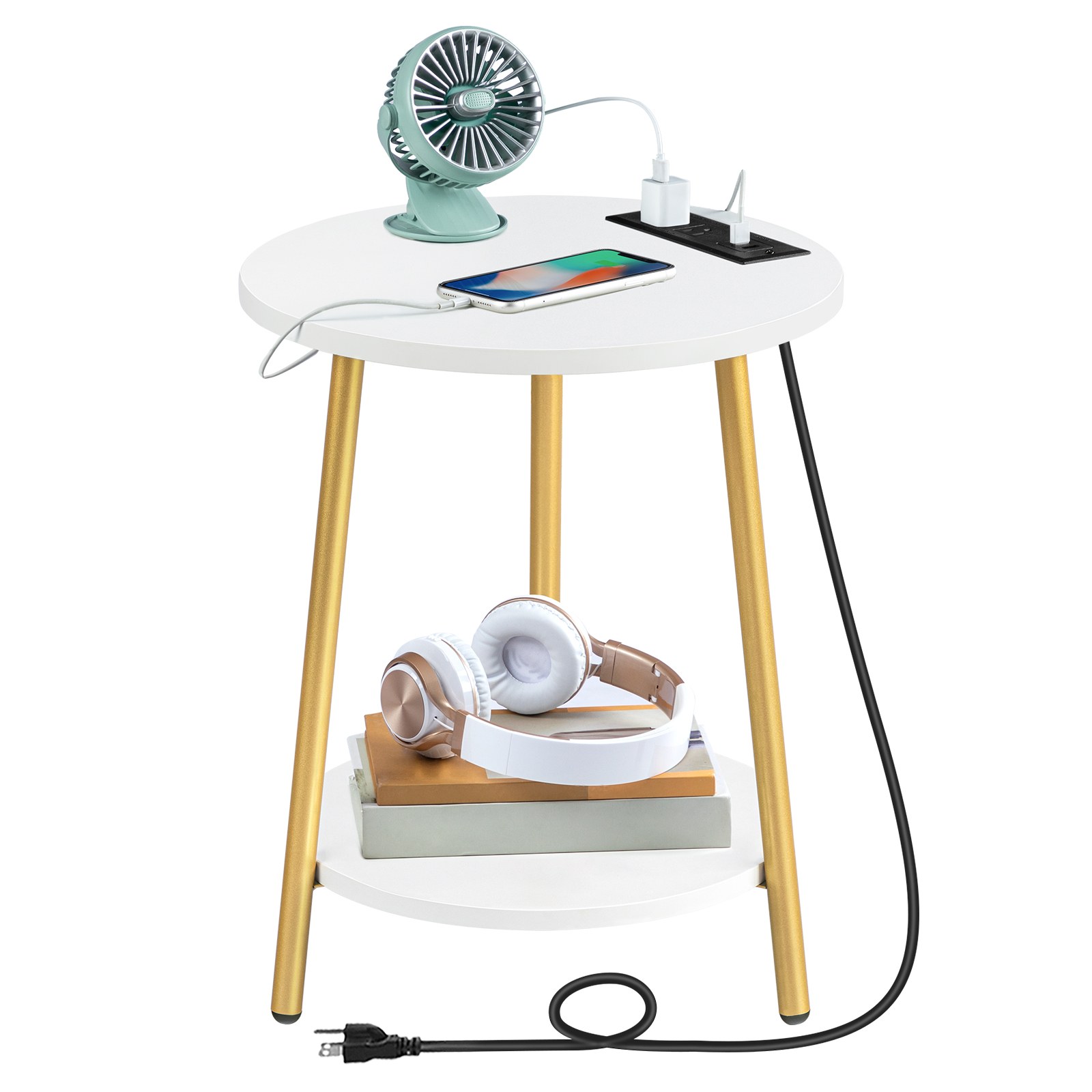 White and Gold End Table with Charging Station, 2-Tier Round Wooden Side Shelves, Modern Gold Accent Table, Suitable for Living Room and Bedroom
