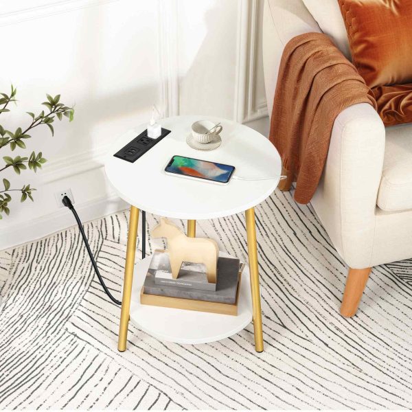 White and Gold End Table with Charging Station, 2-Tier Round Wooden Side Shelves, Modern Gold Accent Table, Convient pour le salon et la chambre