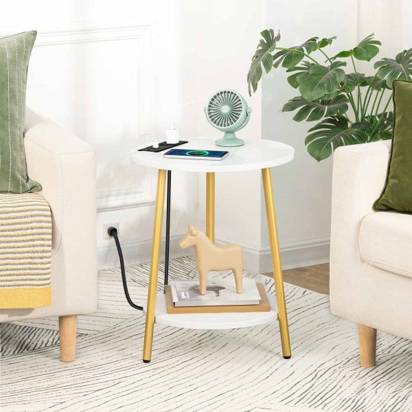 White and Gold End Table with Charging Station, 2-Tier Round Wooden Side Shelves, Modern Gold Accent Table, Convient pour le salon et la chambre