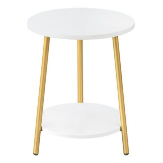 Round Side Table, Small Coffee End Table with Storage Shelves, 2-Tier Round Accent Table for Living Room, Bedroom, White and Gold