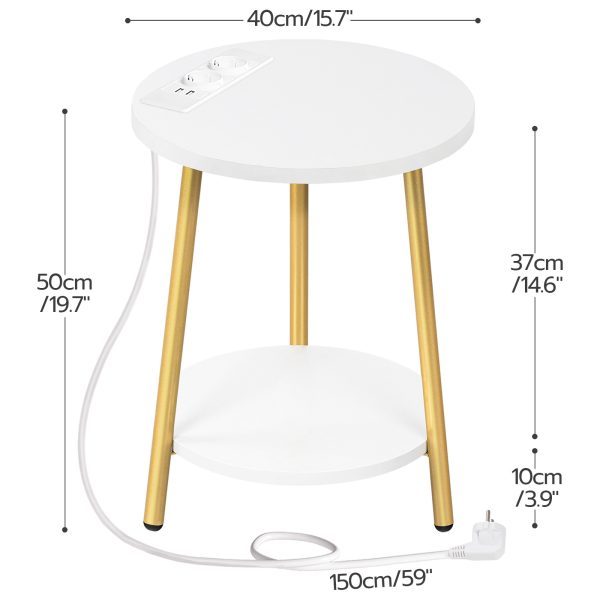 Beistelltisch mit Ladestation, Weißer und goldener runder Couchtisch mit 2 Ebenen, Multifunktionaler Nachttisch, geeignet für kleine Räume, Anwendbar für Wohnzimmer und Schlafzimmer