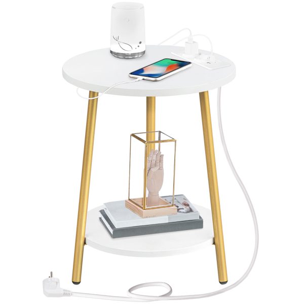Beistelltisch mit Ladestation, Weißer und goldener runder Couchtisch mit 2 Ebenen, Multifunktionaler Nachttisch, geeignet für kleine Räume, Anwendbar für Wohnzimmer und Schlafzimmer