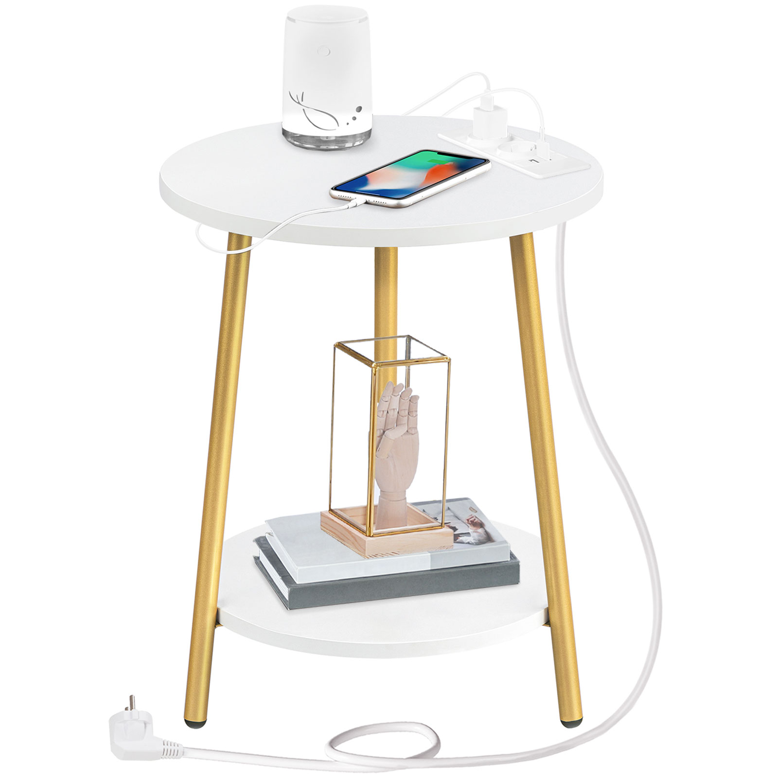 Βοηθητικό τραπέζι με σταθμό φόρτισης, Λευκό και Χρυσό Στρογγυλό Τραπεζάκι Σαλονιού 2 επιπέδων, Κομοδίνο Πολυλειτουργικό Κατάλληλο για Μικρούς Χώρους, Ισχύει για το σαλόνι και το υπνοδωμάτιο