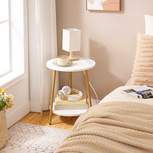 Beistelltisch mit Ladestation, Weißer und goldener runder Couchtisch mit 2 Ebenen, Multifunktionaler Nachttisch, geeignet für kleine Räume, Anwendbar für Wohnzimmer und Schlafzimmer