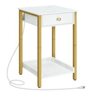nightstand with charging station, tall side table, end table with drawer and storage shelf, industrial end telephone table, for study, bedroom, space saving, white and gold