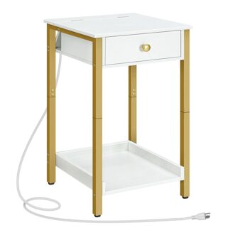 comodino con stazione di ricarica, tavolino alto, Tavolo di fine con cassetto e scaffale di stoccaggio, tavolino di fine industriale, per lo studio, camera da letto, risparmio di spazio, bianco e oro