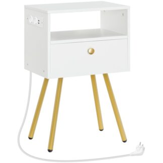 Nachtkastje met laadstation, Bijzettafel met lade en open vak, Banktafel, 28 x 38 X 60 cm, Bijzettafel voor slaapkamer, Wit en
