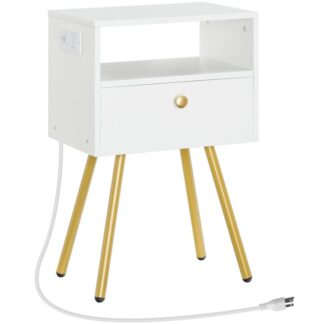 nightstand with charging station, end table with usb ports and outlet, side table for tight spaces, solid and stable, for office, bedroom, study, white and gold