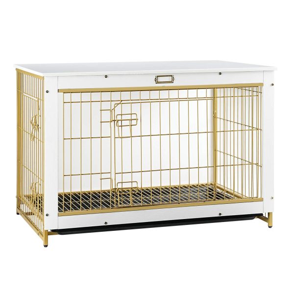 Gold and White Wooden Dog Crate Furniture, Extra-Large Chew-Resistant Pet Kennel with Pull-Out Tray, Double-Door End Table for Medium/Large Dogs, Крытое домашнее использование