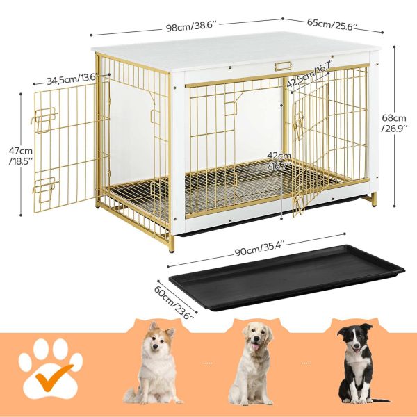 Gold and White Wooden Dog Crate Furniture, Extra-Large Chew-Resistant Pet Kennel with Pull-Out Tray, Double-Door End Table for Medium/Large Dogs, Крытое домашнее использование