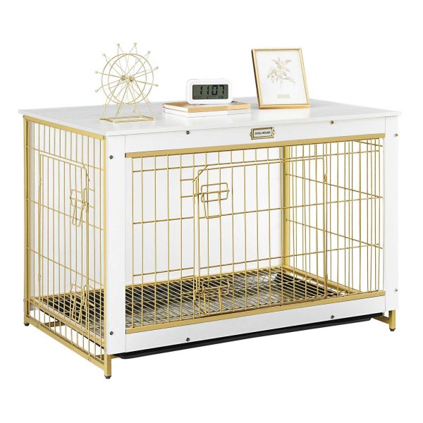 Gold and White Wooden Dog Crate Furniture, Extra-Large Chew-Resistant Pet Kennel with Pull-Out Tray, Double-Door End Table for Medium/Large Dogs, Крытое домашнее использование