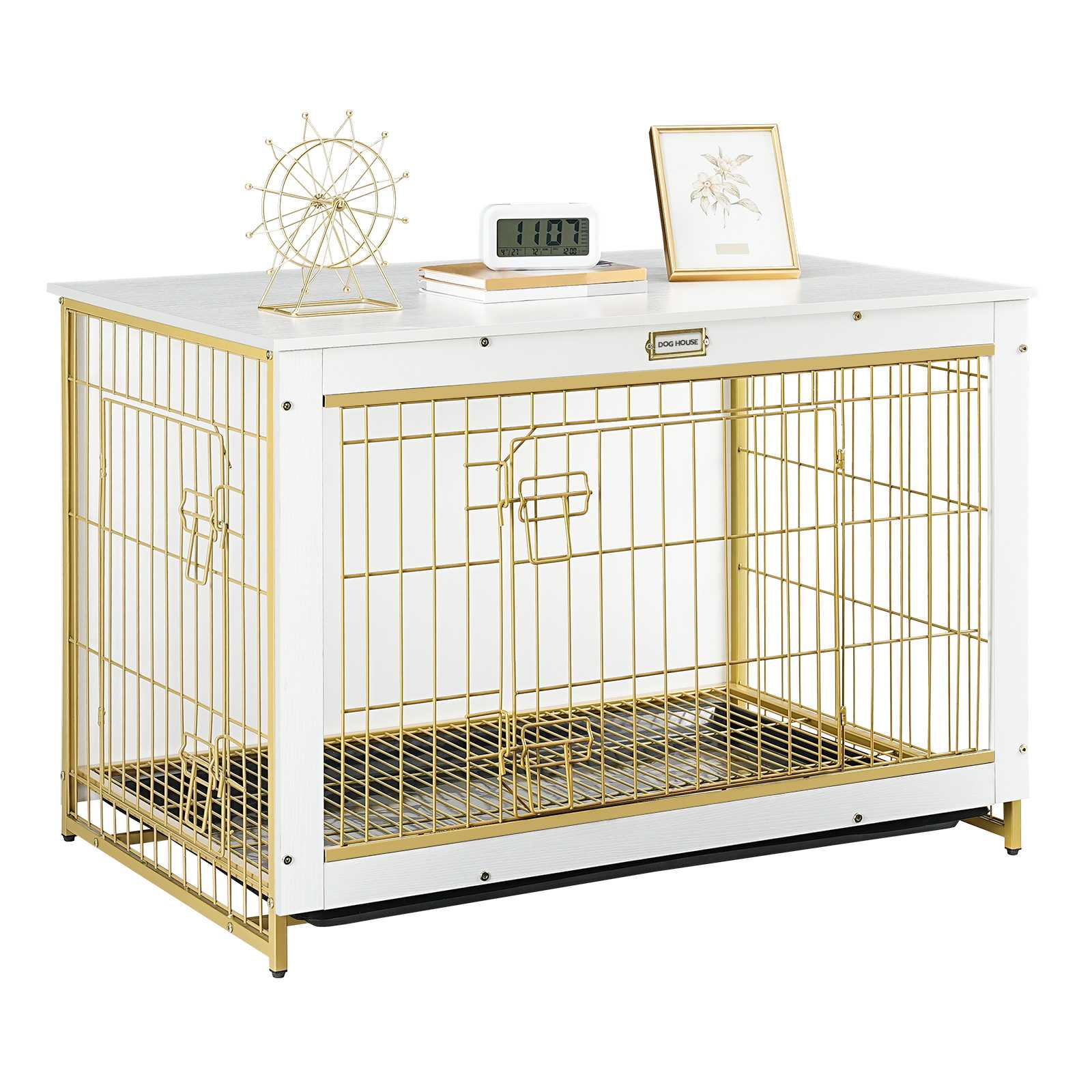 Gold and White Wooden Dog Crate Furniture, Extra-Large Chew-Resistant Pet Kennel with Pull-Out Tray, Double-Door End Table for Medium/Large Dogs, Heimgebrauch im Innenbereich