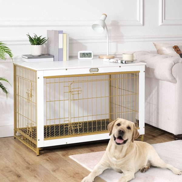 Gold and White Wooden Dog Crate Furniture, Extra-Large Chew-Resistant Pet Kennel with Pull-Out Tray, Double-Door End Table for Medium/Large Dogs, Крытое домашнее использование