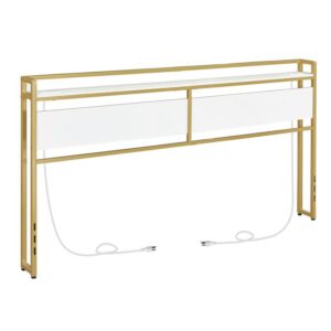 king size headboard, headboard with 2 outlets and 4 usb ports, adjustable height, storage rack, sturdy and stable, easy assembly, white and gold