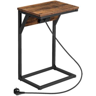 c-shaped side table with charging station, sofa table with usb ports and socket, industrial coffee table with metal frame for living room, vintage brown/black