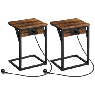 c-shaped side table with charging station set of 2, sofa table with usb ports and socket, industrial coffee table with metal frame for living room, vintage brown/black