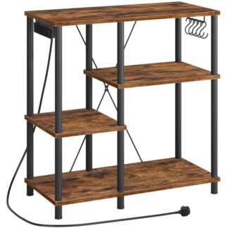 bakers rack with power outlet, free standing kitchen stand, kitchen storage unit, 4-tier microwave stand with 5 s-shaped hooks for dinning room, living room, rustic brown and black