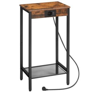 Πλευρικό τραπέζι με σταθμό φόρτισης, Υψηλό τραπέζι τηλεφώνου με ράφι ισχύος, στενό τραπέζι με πρίζα για σαλόνι, υπνοδωμάτιο, vintage καφέ και μαύρο