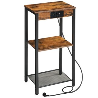 Beizertisch mit Ladestation, Telefontisch mit 3 Ebenen, kleiner Nachttisch, Sofa -Tisch für Wohnzimmer, Schlafzimmer, Flur, Vintage braun und schwarz