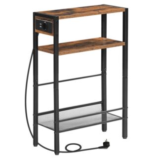 طاولة جانبية مع شريط الطاقة, 3-طاولة السرير الضيقة المستوى, 1 المقبس القياسي و 2 USB, حامل مجلة مع سياج واقٍ لغرفة المعيشة, غرفة نوم, بني خمر