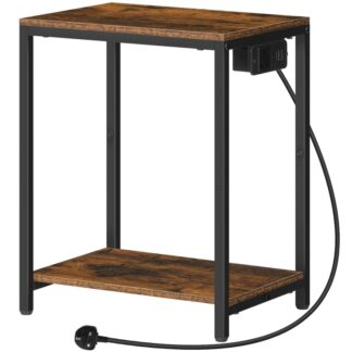 Side Table with Charging Station, Industrial Bedside Table with USB Ports and Power Outlet, Sofa End Table with Storage Shelves, for Small Space, Living Room, Rustic Brown and Black