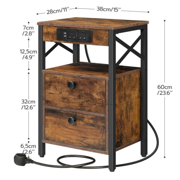 lůžkový stůl s nabíjecí stanicí, boční stůl s 2 USB porty a 2 AC prodejny, postranní stůl s 2 Odhodnocení kompartmentů, Koncová tabulka pohovky, pro obývací pokoj, rustikální hnědá