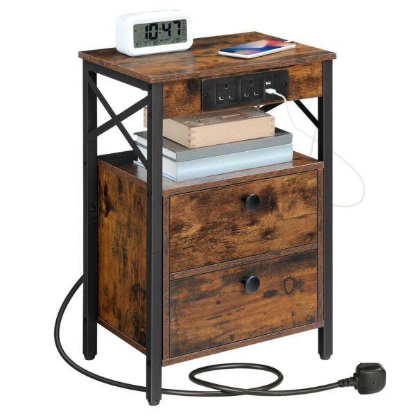 lůžkový stůl s nabíjecí stanicí, boční stůl s 2 USB porty a 2 AC prodejny, postranní stůl s 2 Odhodnocení kompartmentů, Koncová tabulka pohovky, pro obývací pokoj, rustikální hnědá
