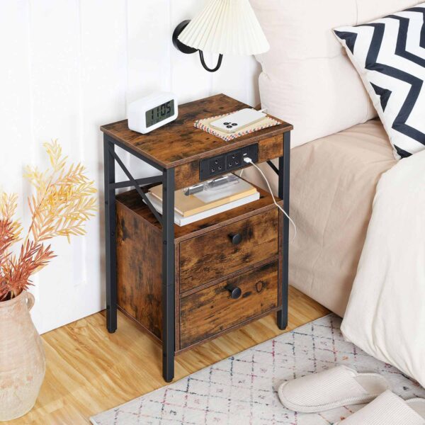 lůžkový stůl s nabíjecí stanicí, boční stůl s 2 USB porty a 2 AC prodejny, postranní stůl s 2 Odhodnocení kompartmentů, Koncová tabulka pohovky, pro obývací pokoj, rustikální hnědá