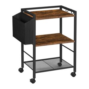 printer stand, large 3 tier mobile printer table with storage on wheels, under desk rolling printer cart organizer rack with hooks for home offce