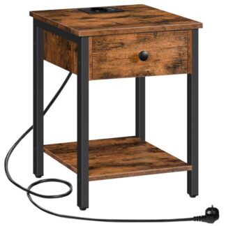 Nachttisch mit Ladestation und USB -Anschlüssen, Beistelltisch mit Schublade und Regal, Nachttisch für kleine Räume und Schlafzimmer, Vintage Brown/Schwarz