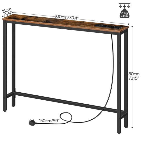 Slim Console Table ze stacją ładowania, Stół korytarzy z porty USB i punktami zasilającymi, 100 cm długi, wąska sofa/za stolikiem na kanapie do wejścia, małe przestrzenie, Rustykalny brąz