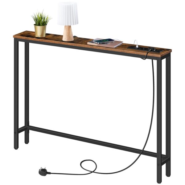 Slim Console Table ze stacją ładowania, Stół korytarzy z porty USB i punktami zasilającymi, 100 cm długi, wąska sofa/za stolikiem na kanapie do wejścia, małe przestrzenie, Rustykalny brąz