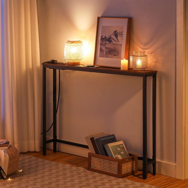 Slim Console Table ze stacją ładowania, Stół korytarzy z porty USB i punktami zasilającymi, 100 cm długi, wąska sofa/za stolikiem na kanapie do wejścia, małe przestrzenie, Rustykalny brąz