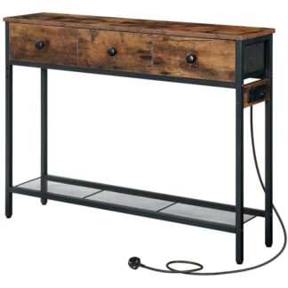 Πίνακας κονσόλας για διάδρομο, 100 Τραπέζι κονσόλας cm με πρίζα, Λεπτό Τραπέζι Καναπέ με 3 Συρτάρια μη υφασμένα, 2-Τραπέζι διαδρόμου βαθμίδας για σαλόνι, Ρουστίκ καφέ και μαύρο