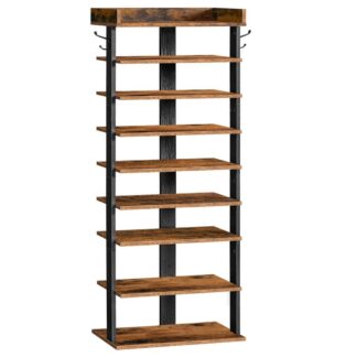 رف الأحذية الضيق, 9-رف أحذية طويل القامة, منظم تخزين الأحذية الخشبي مع 2 خطافات, رف حذاء نحيف, برج الأحذية الرأسي للدخول, صناعي, بني ريفي أسود