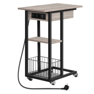 ψηλό τραπέζι του καφέ με σταθμό φόρτισης, με τροχούς και ράφια αποθήκευσης, C Πλευρικό τραπέζι σχήματος, θύρα USB και υποδοχή, καναπέ τραπέζι για σαλόνι, υπνοδωμάτιο, Greige και Black