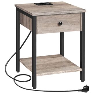 طاولة السرير مع محطة الشحن ومنفذ USB, مع درج ورف التخزين, للمساحة الصغيرة وغرفة النوم, رمادي