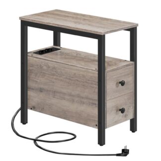 side table with charging station, sofa side table with 2 drawers, usb port and power outlet, bedside table for small spaces, living room, bedroom, grey and black