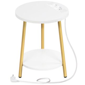 Βοηθητικό τραπέζι με σταθμό φόρτισης, Στρογγυλό τραπέζι του καφέ με 2 Επίπεδα, Τραπέζι καθιστικού, Κομοδίνο για Μικρούς Χώρους, Τραπέζι καναπέ για σαλόνι, Υπνοδωμάτιο, Λευκός και χρυσός