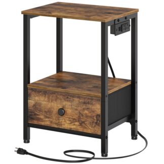 Столик із зарядною станцією, Тумбочка з портами USB, з ящиками та полицями зберігання, Промисловий невеликий бічний стіл для тісних місць, Вітальня, Спальня, Ретро -коричневий і чорний